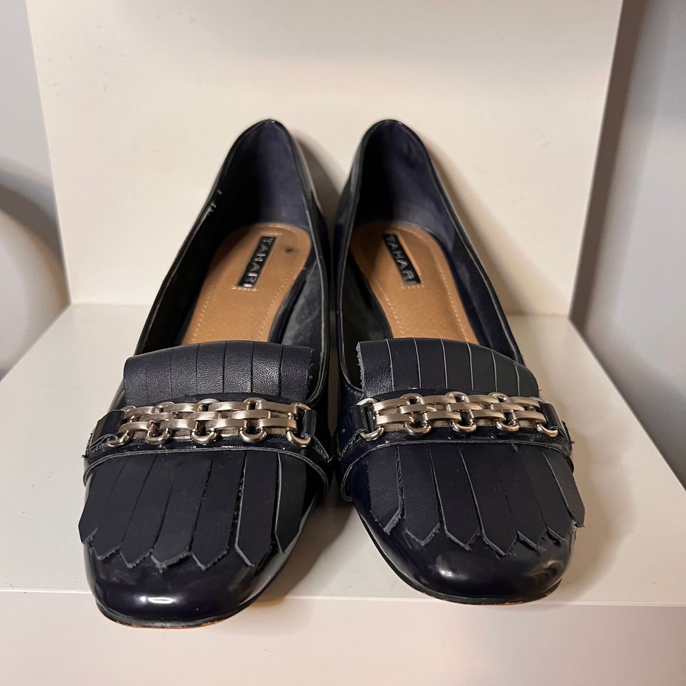 Navy Blue Patent Leather Block Heel Loafers with Chain Detail & Fringe
